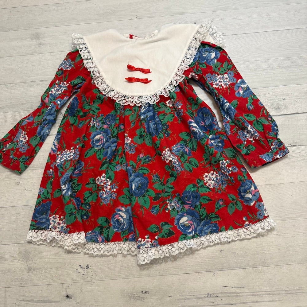 Vintage rose‎ cottage girls red dress with blue floral dress size 5